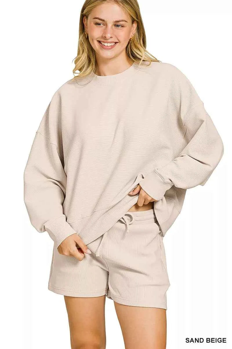 Zenana Ribbed Round Neck Pullover and Shorts Set SAND BEIGE 2222b63f59bf4c789505dbadb3c32dac-Max-Origin