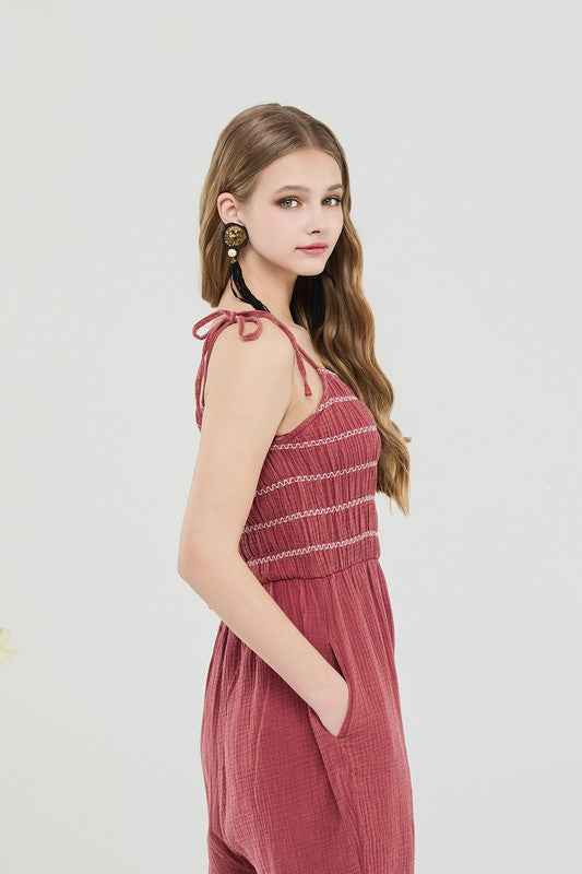Smocked Top Wide Leg Gauze Jumpsuits 22240956_39fba31a-6c49-447b-97a6-2be4c8058994