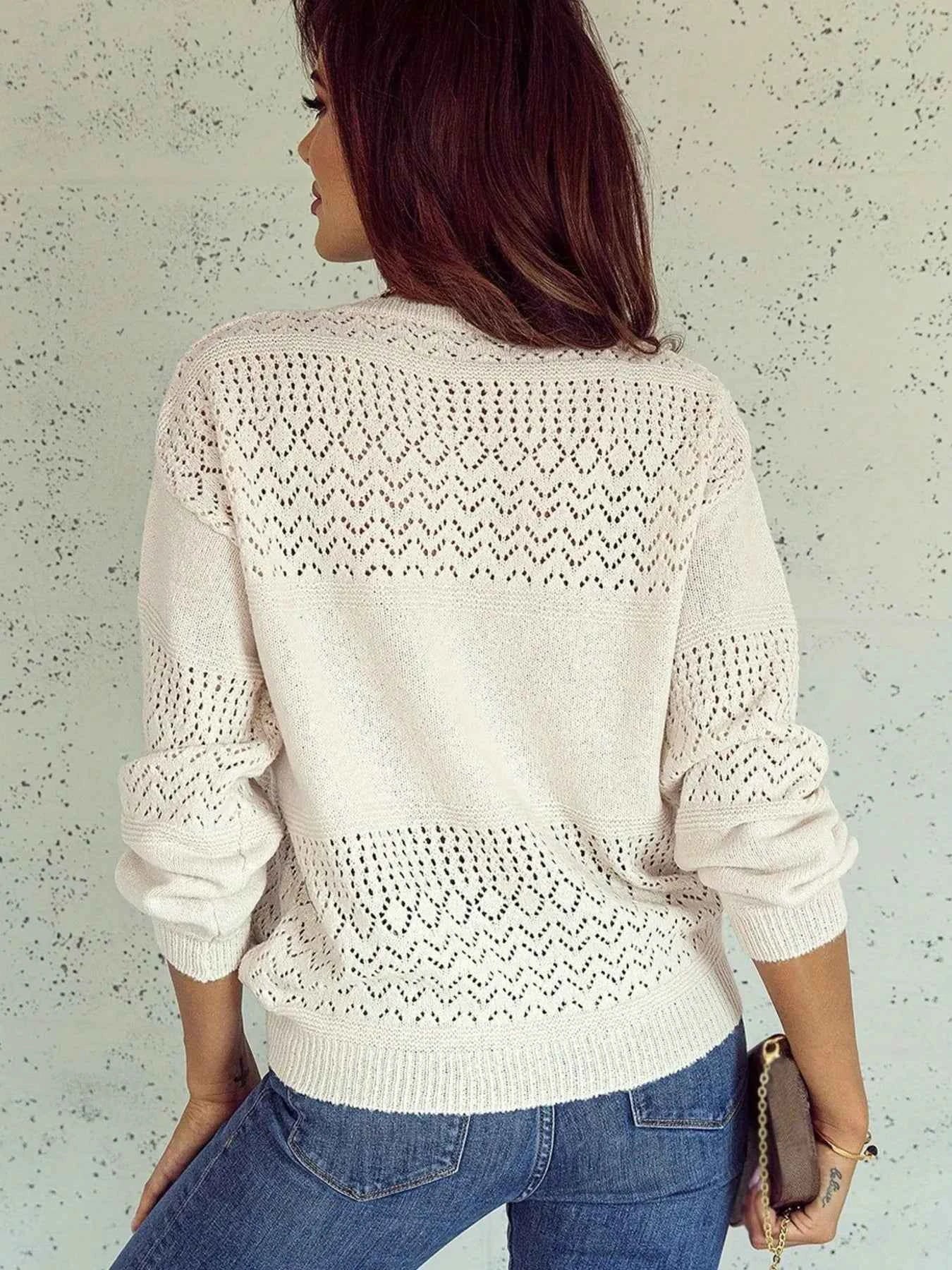 Eyelet Deatil V-Neck Long Sleeve Sweater 2225067e1de447a49278a11dd6350969-Max-Origin