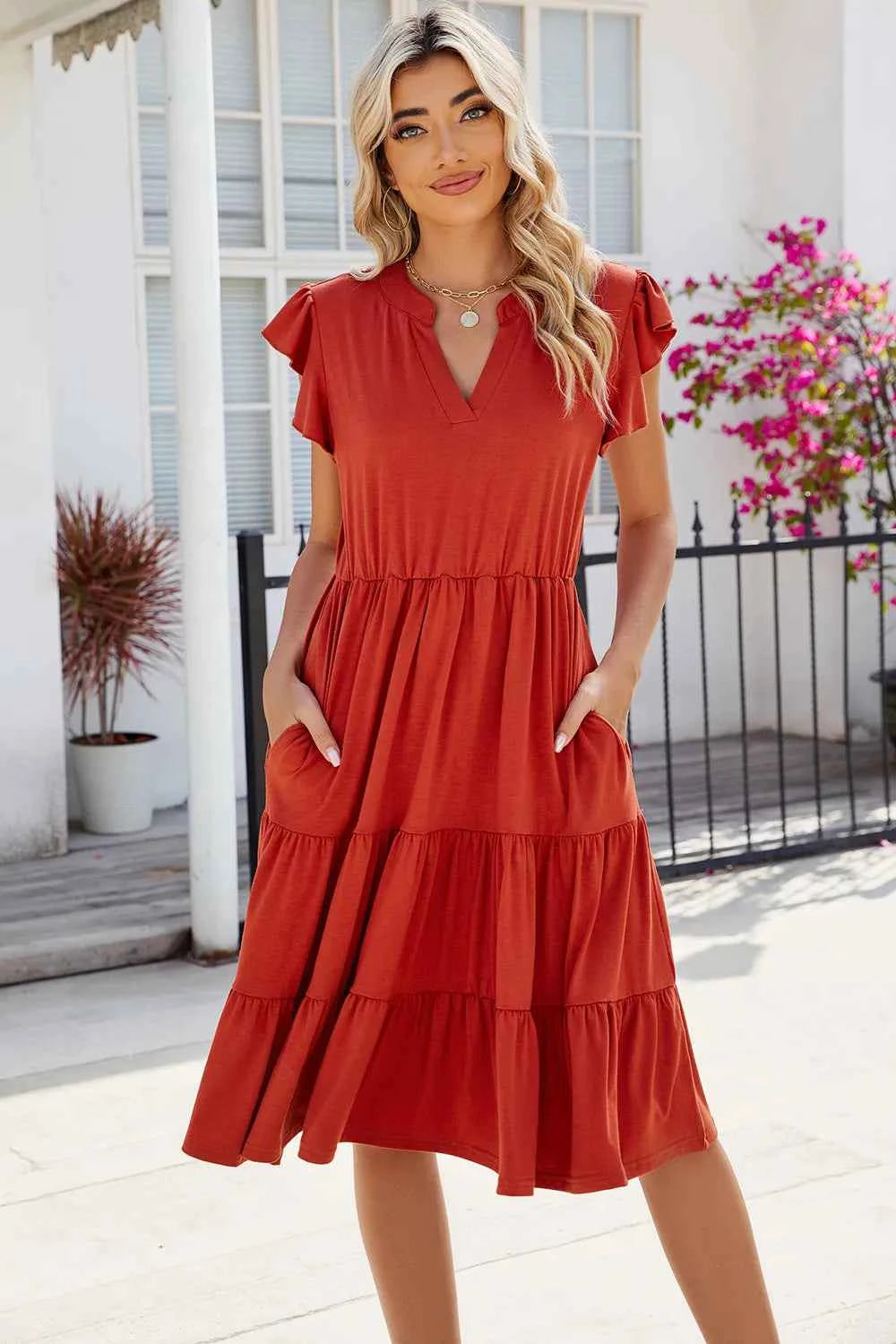 Ruched Notched Cap Sleeve Dress 22267d0c-71d0-4a4c-9ce8-cb7f3dcff569-Max