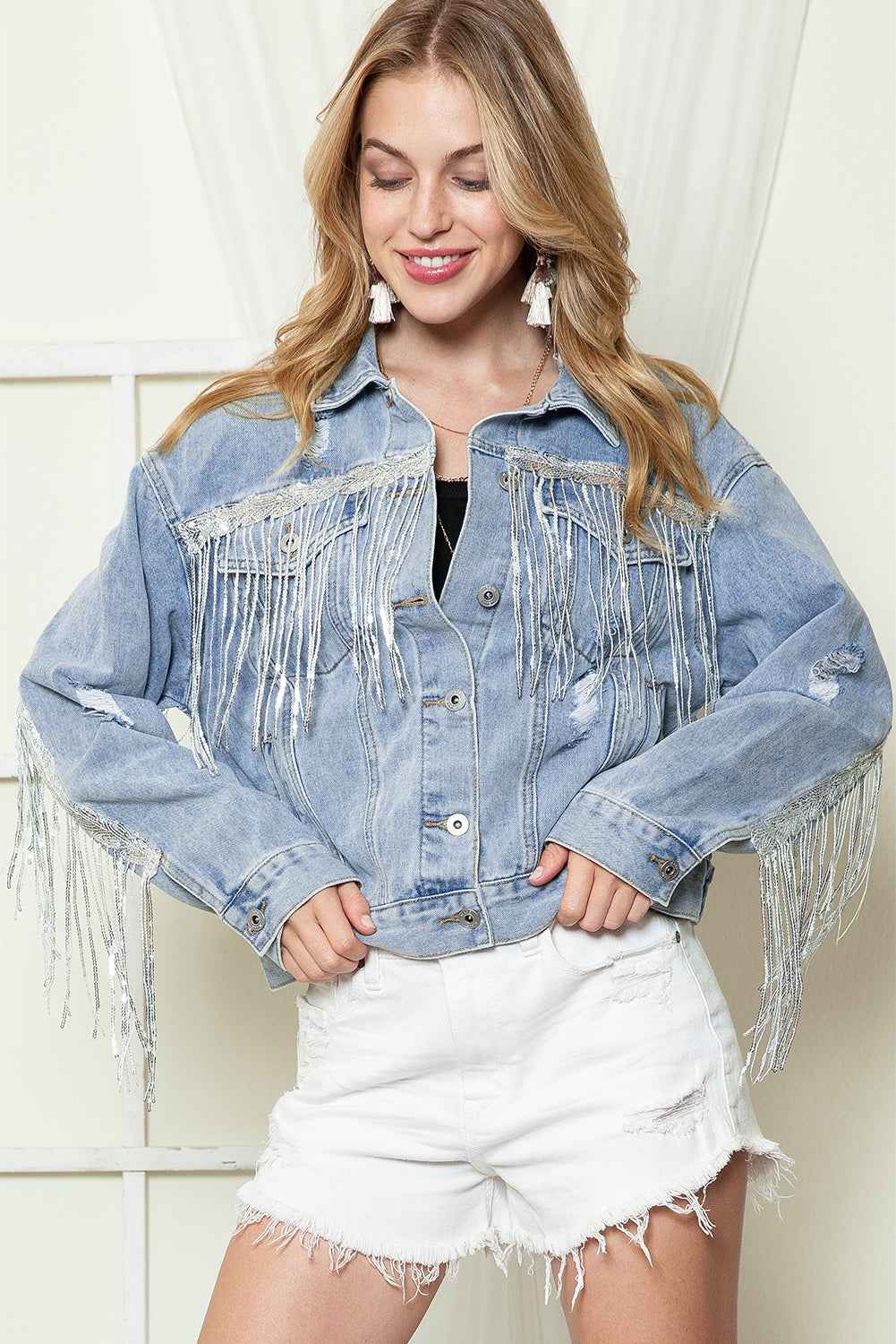 Blue Sequined Fringe Distressed Button Up Denim Jacket 222e8cdde8ac9e9f