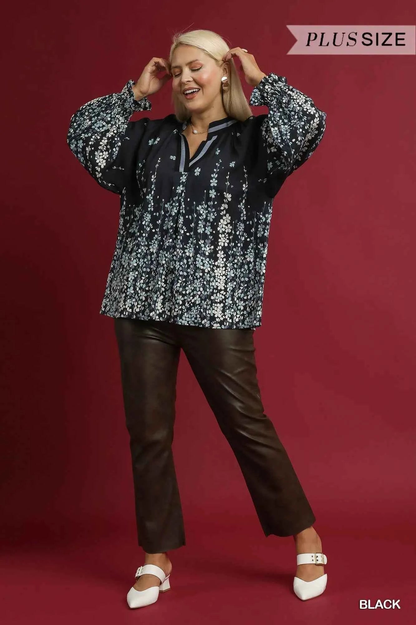 Umgee Full Size Floral Vine Print Blouse with Balloon Sleeves Plus Size 2232514e-bb01-4cb0-96b1-1542dc5a1ec4-Max-Origin