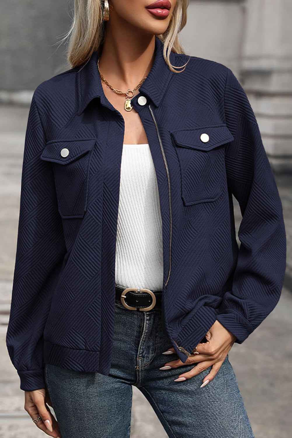 Blackish Green Solid Color Zip Up Button Flap Pocket Shirt Collar Jackets 22393d7104815be9