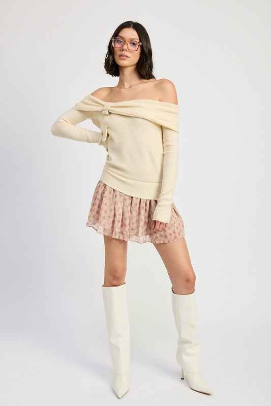 MIXED MEDIA OFF SHOULDER MINI DRESS 22402155_1abad42c-f917-412d-86ca-55428993a0bb