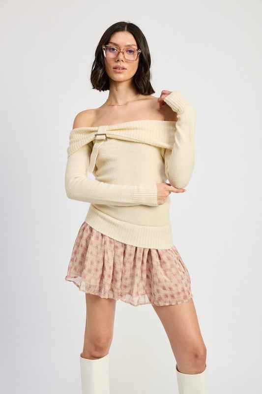 MIXED MEDIA OFF SHOULDER MINI DRESS IVORY 22402155_7dc94fdc-268e-4cd8-8d5d-b77ad54c17f2