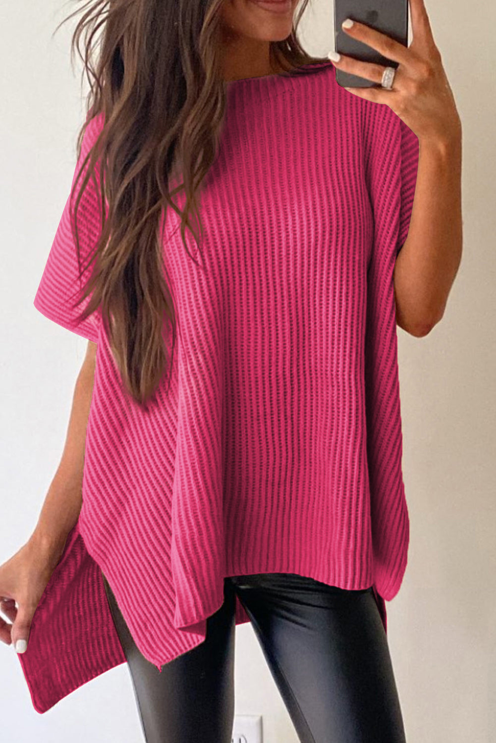 Rose Red Side Slit Short Sleeve Oversized Sweater 224ec89022f177e1