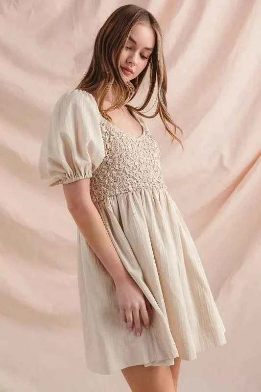 Textured Woven Daily Dress with Puff Sleeves 224f90b5-6040-4525-8d69-19ca9aa3785b-Max-Origin