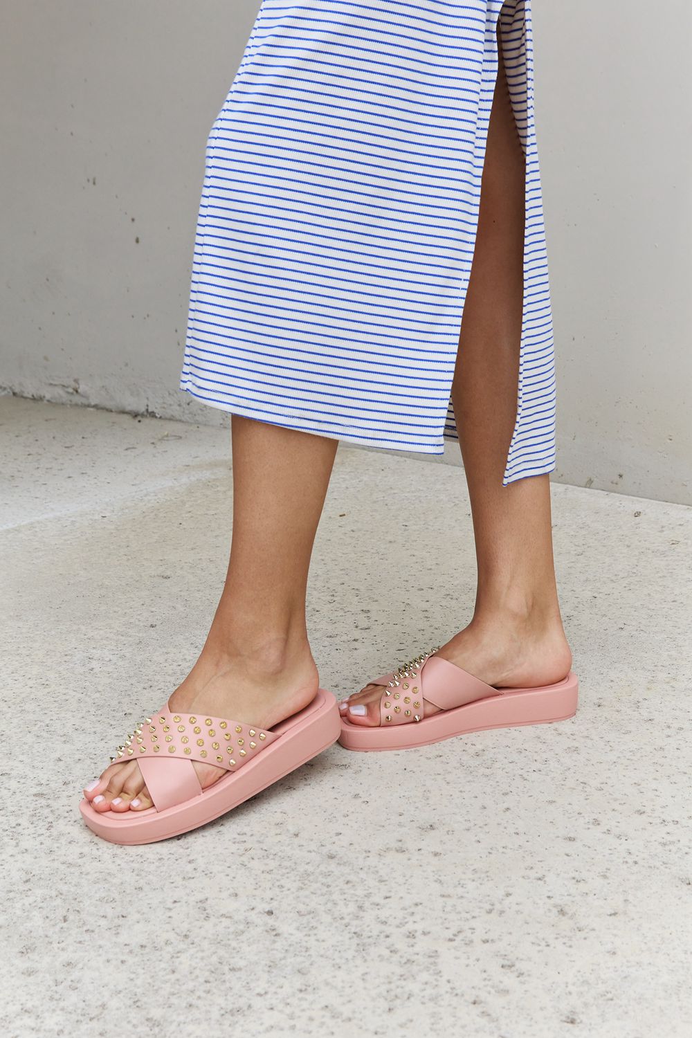 Forever Link Studded Cross Strap Sandals in Blush 2252184811264eccb04ee36002c5b683-Max