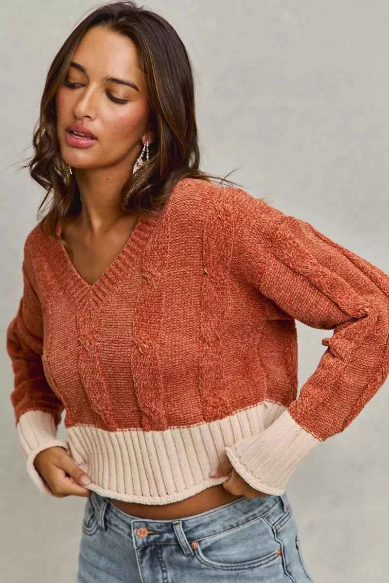 SO ME Chenille Cable Knit V Neck Contrast Cropped Sweater 22528ce4c84443dcbc52cbd264db3230-Max-Origin