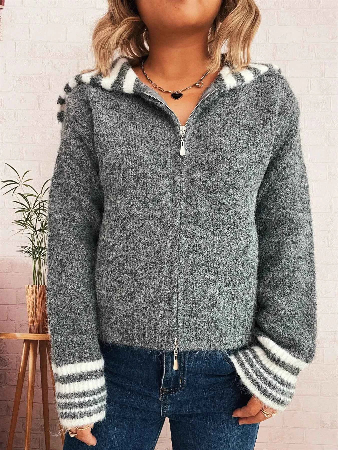 Striped Zip-Up Cardigan 225456b26e77409e9ba78a72decde6f5-Max-Origin