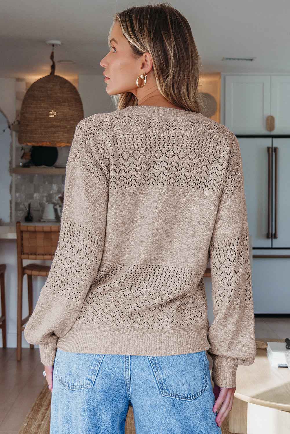 Brown Eyelet Pattern Detail V Neck Drop Shoulder Sweater 22569fd551125757