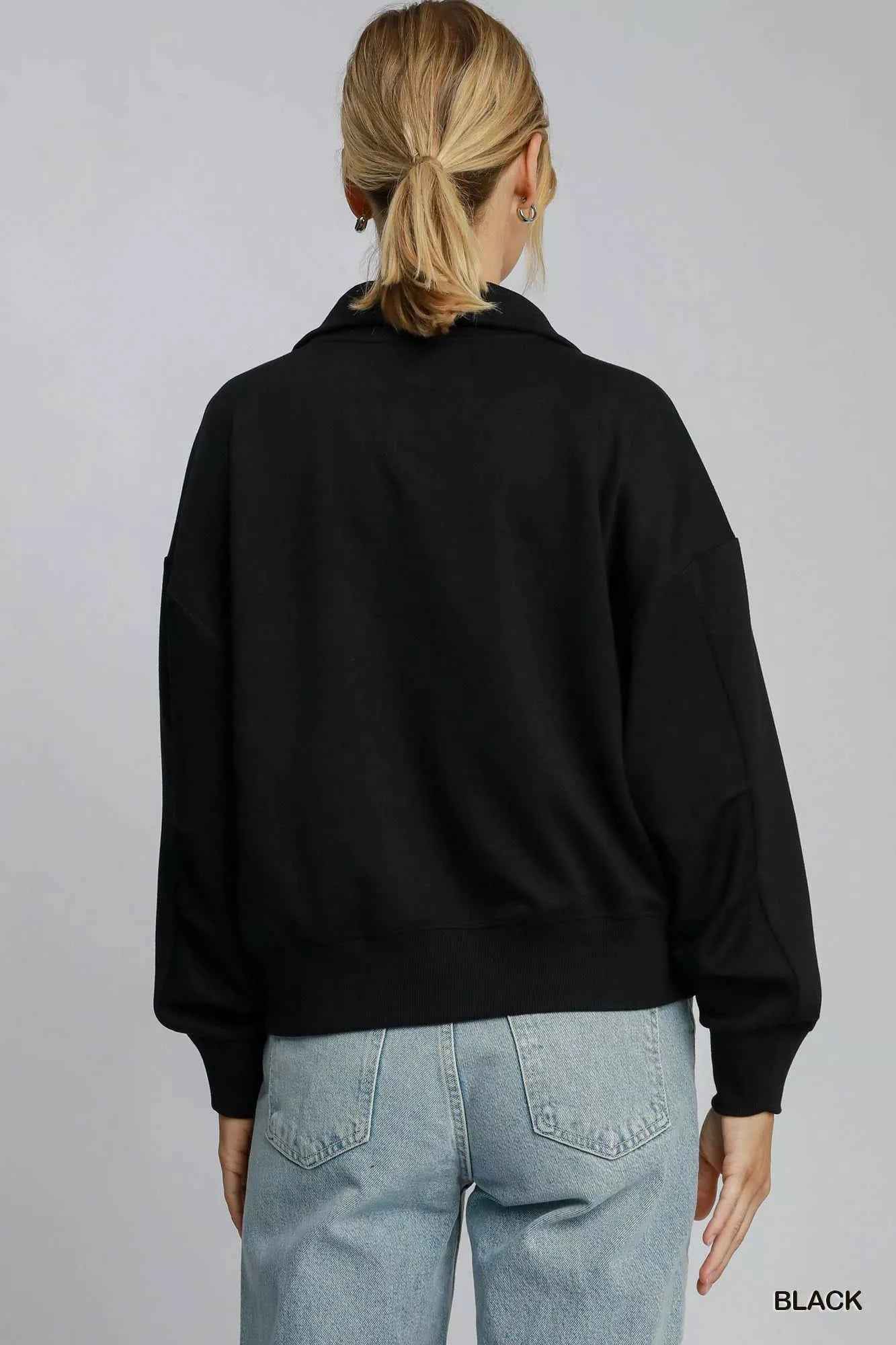 Umgee Half Zip Drop Shoulder Sweatshirt 225703ba-7055-4082-bc64-234d7f2bb7a2-Max-Origin