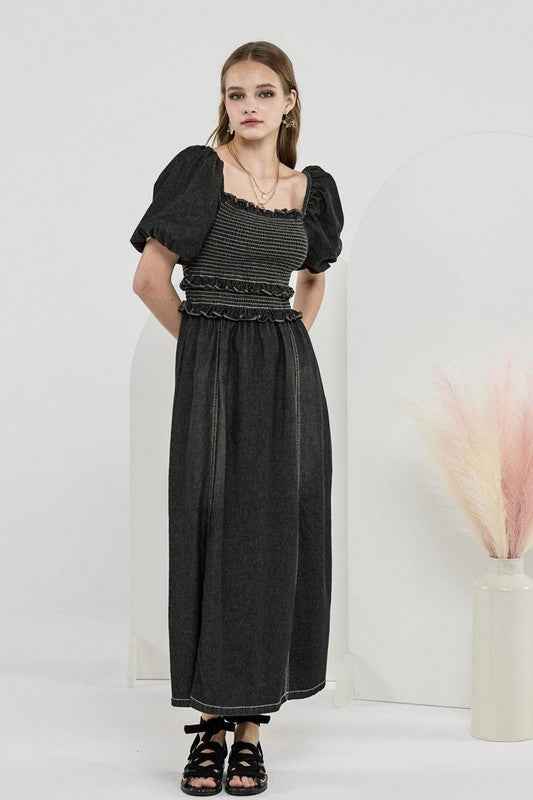 Denim Off Shoulder Puff Sleeves Smocked Dress 22595916_07074476-3ab4-435f-8a3d-1dfd8b500c96