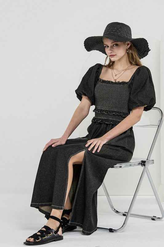 Denim Off Shoulder Puff Sleeves Smocked Dress 22595916_c74652ce-9d78-47f1-bfb0-714a2abbf0b9