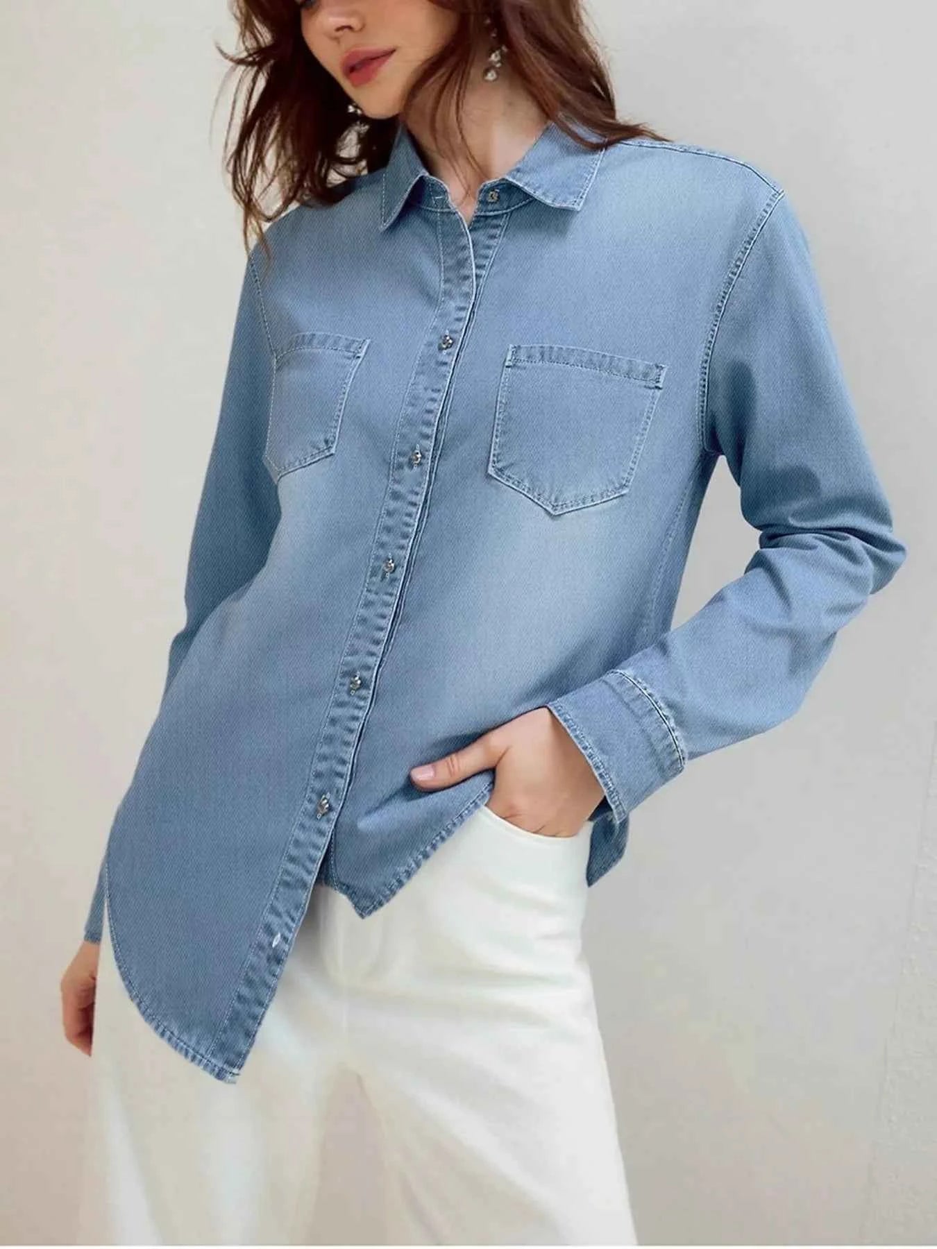 Full Size Button-Up Long Sleeve Denim Shirt Plus Size