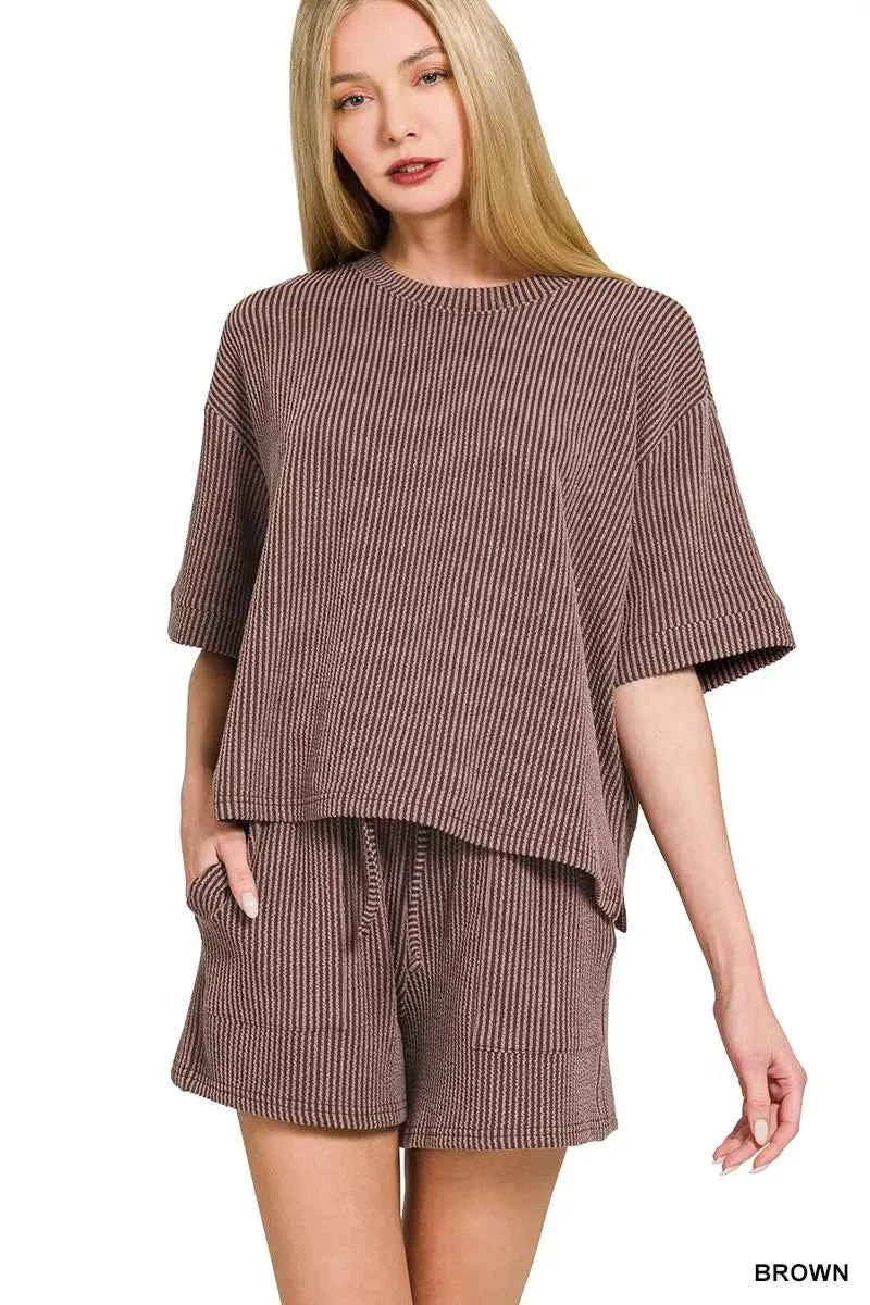 Zenana Raised Rib Short Sleeve Tee and Drawstring Shorts Set 225d3a02bd7d4ed9aa0757fda251ff88-Max-Origin