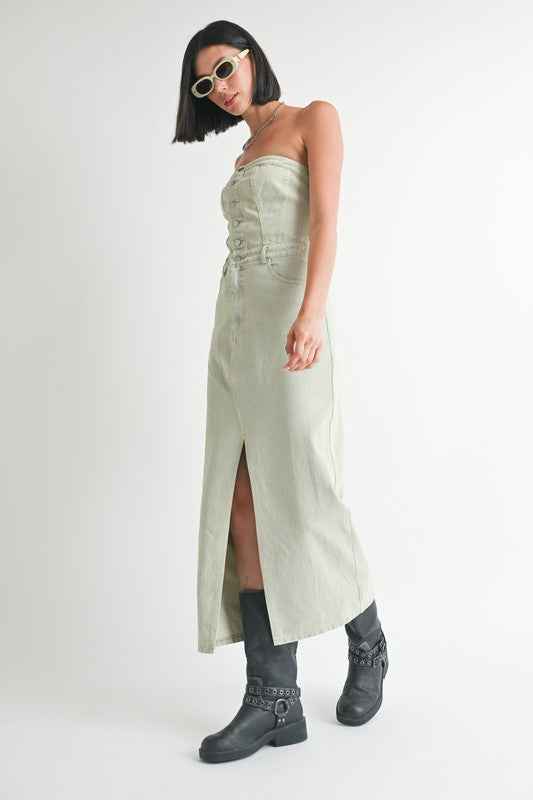 BUTTON UP TUBE DENIM DRESS WITH SLIT 22662337_7a2baefd-5f5d-43eb-a495-58039af14911