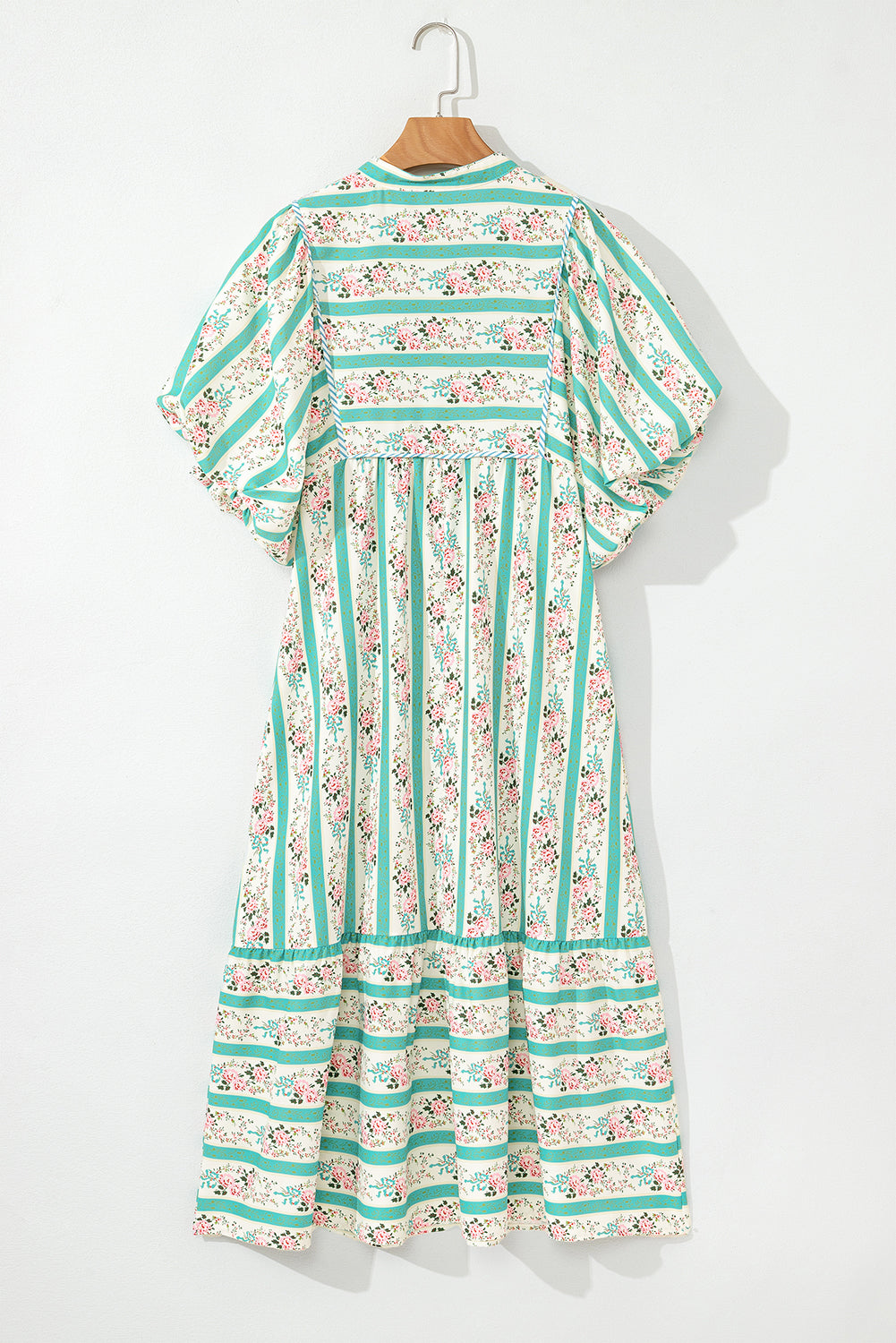 Multicolor Boho Floral Striped Tie V Neck Long Dress 2268ec90f51a7652