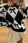 Black Bow Pattern 2-tone Rhombus Knit Loose Sweater Black 52%Viscose+26%Polyester+22%Polyamide 226e51dc83bc80b6