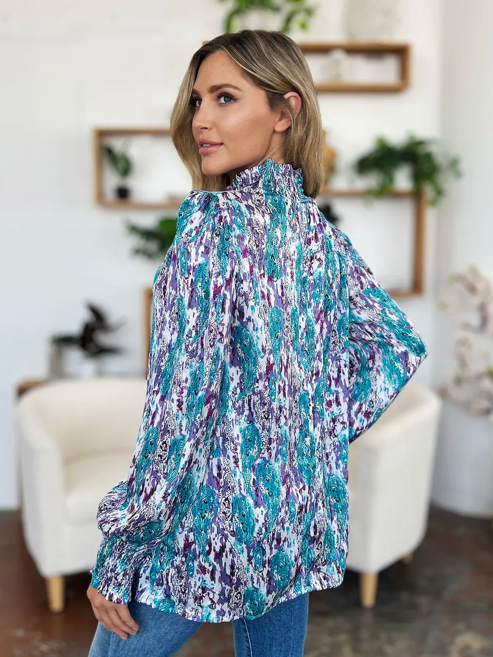 Double Take Full Size Printed Smocked Long Sleeve Blouse 22790cb6-5d3e-4919-bffe-9dacd1e2b736-Max