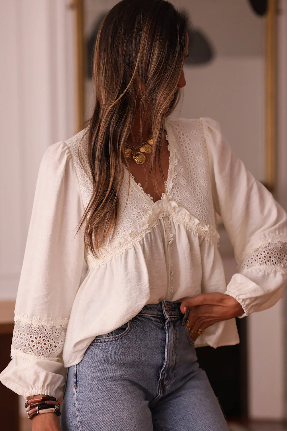 White Solid Color Floral Guipure Lace Patchwork Frilled Long Sleeve Blouse 2282584614812ec9