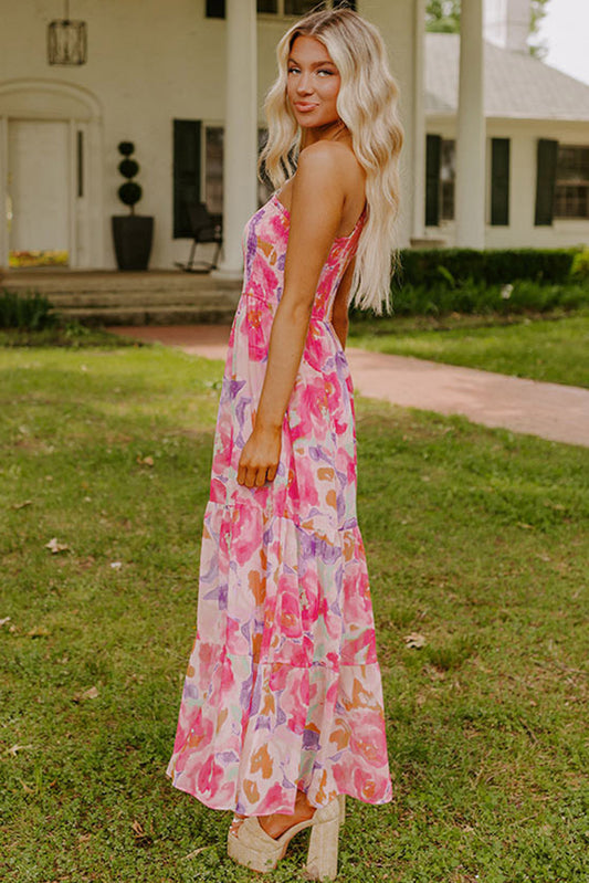 Pink Abstract Floral Print Shirred One Shoulder Maxi Dress 228310383ac19548
