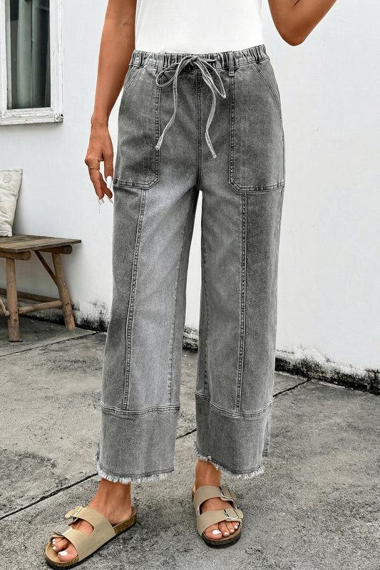 Gray Drawstring Seam Detail Raw Hem Wide Leg Denim Pants 2285aebf355fb977