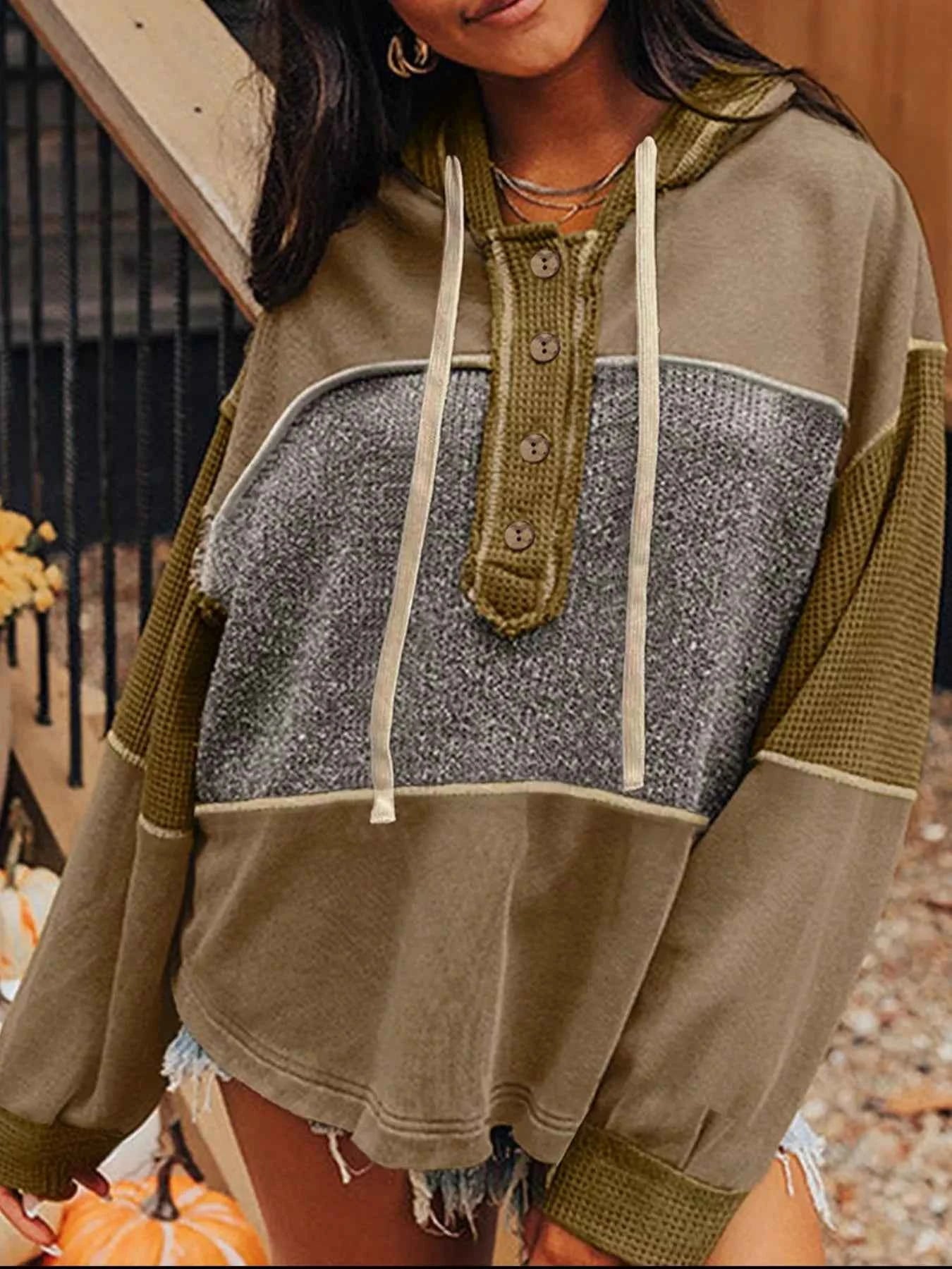 Mixed Texture Patchwork Exposed Seam Half Button Hoodie Olive 228635c4-50ad-456f-98c4-fe6feaaf40fe-Max-Origin