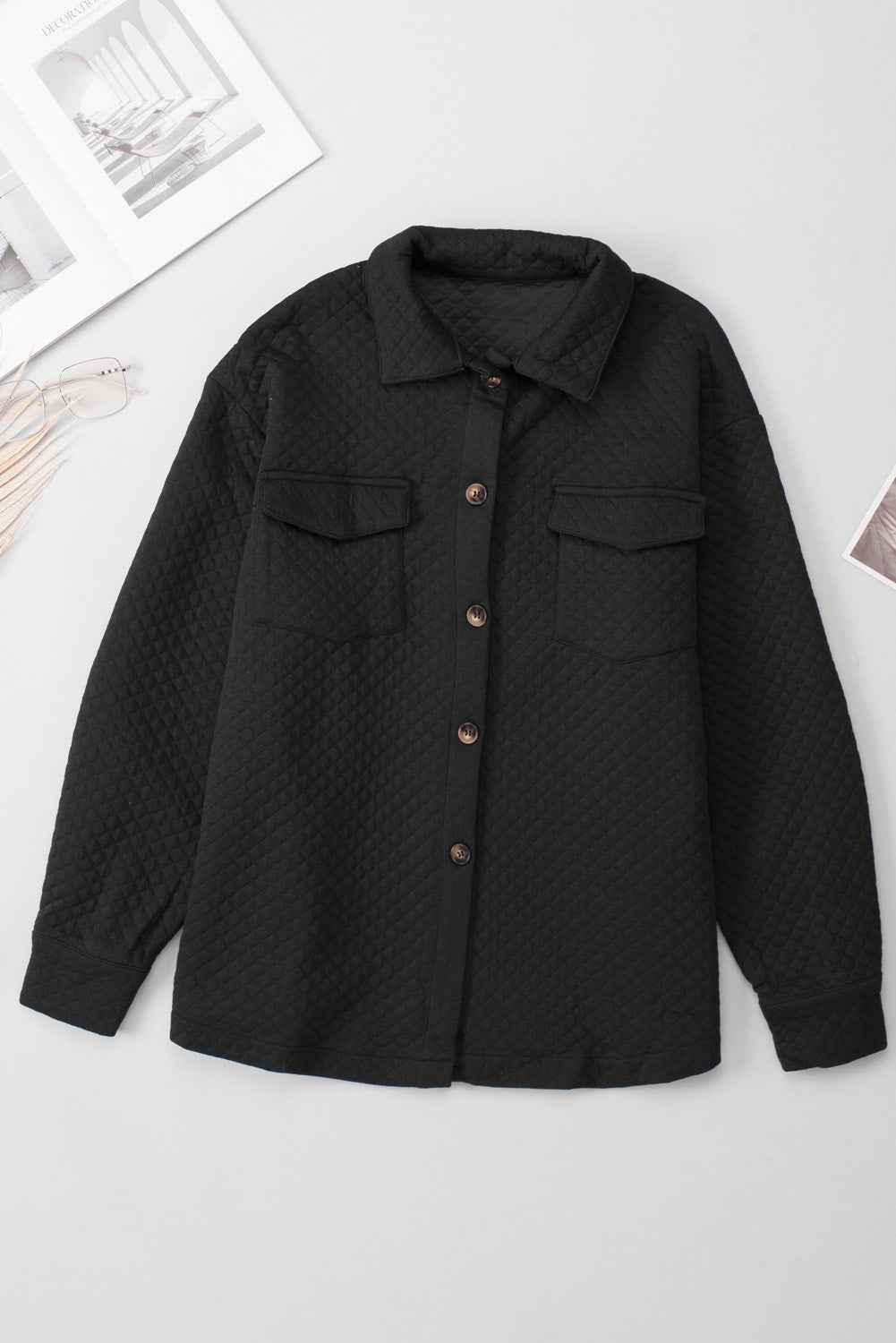 Black Lattice Texture Retro Flap Pocket Button Quilted Shacket 2292f5522ba55be2