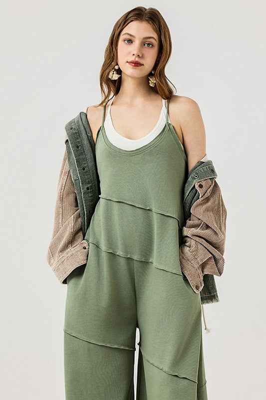 Keyhole back Wide Leg Raw Edge Jumpsuit Lt.Olive 22930811_7a00439a-e8fd-4ab4-ba26-1092edcd1984