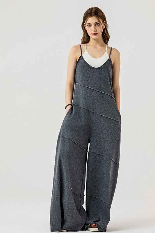 Plus Keyhole back Wide Leg Raw Edge Jumpsuit Charcoal 22930812_23734289-42f7-468c-85b6-8b97fb0f56e3