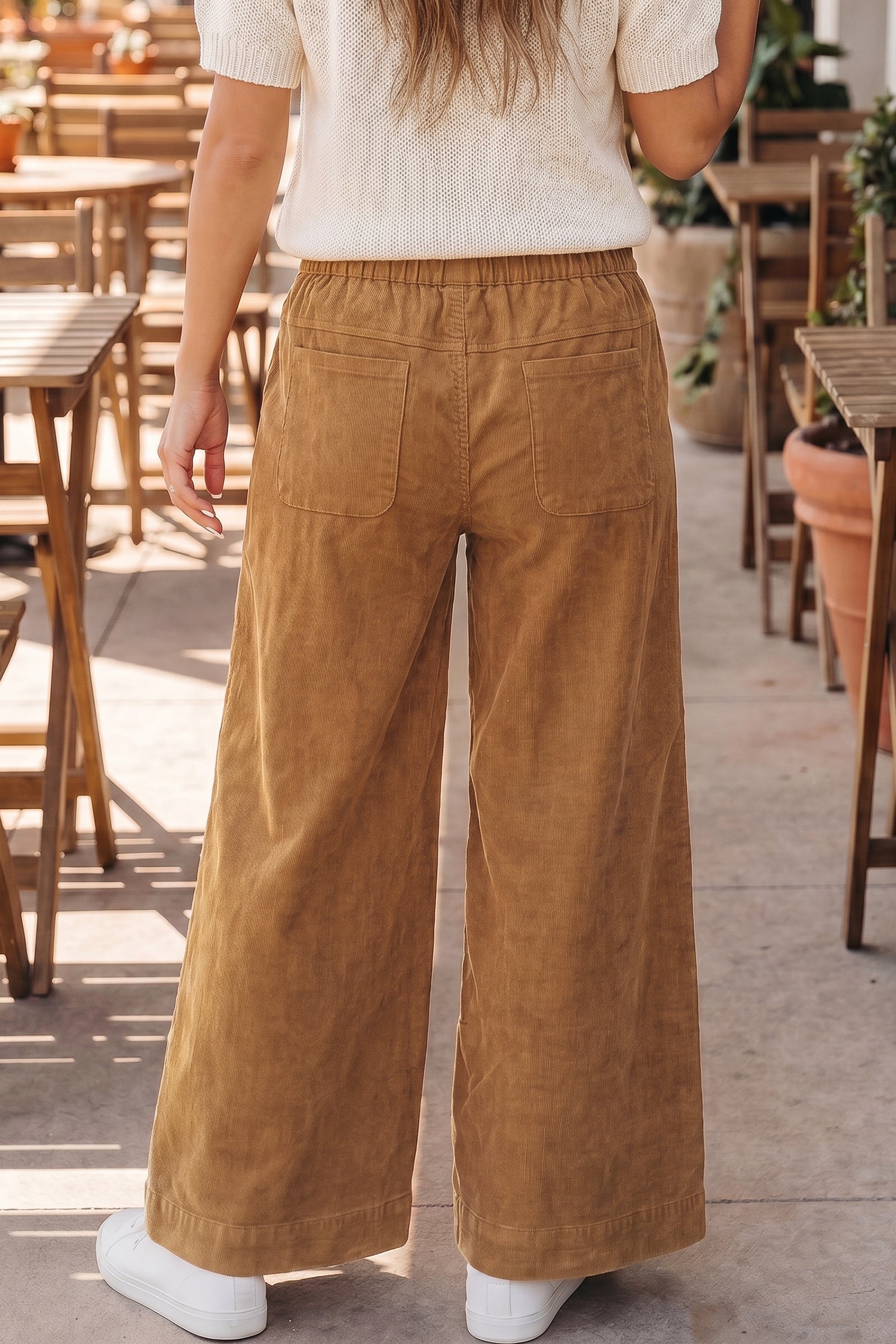 Thai Curry Elastic Waist Wooden Button Placket Ankle Length Wide Leg Pants 229314fe6d7c5c10