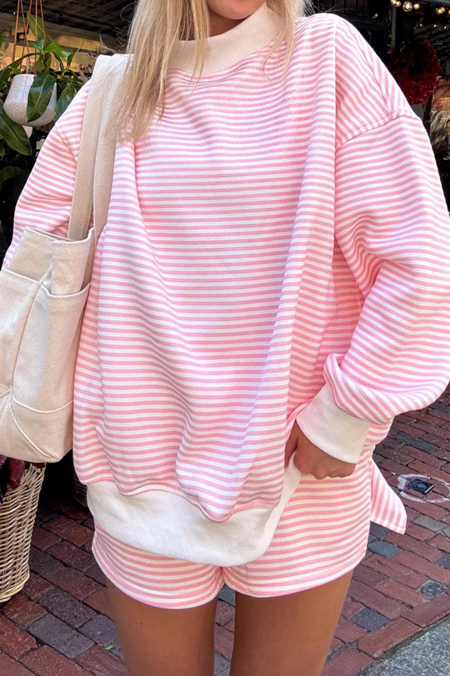 Pink Stripe Oversize Mock Neck Sweatshirt and Shorts Set Pink Stripe1 95%Cotton+5%Elastane 2294676ed6e4402b