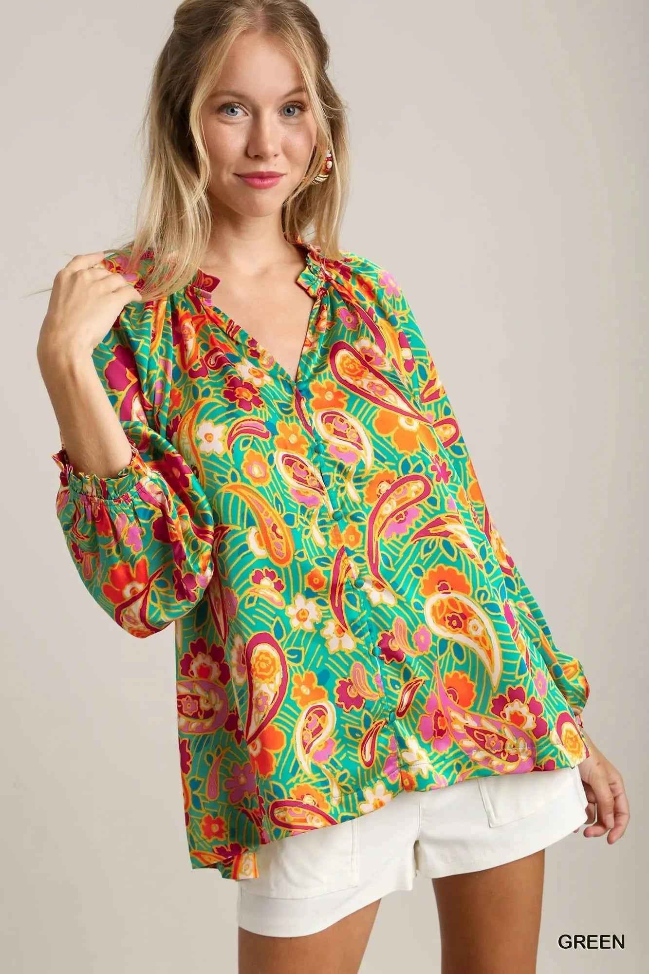 Satin Paisley Ruffle Neck Button-Up Shirt Green 2294c39c-282b-43f6-a68d-554932adbdf3-Max-Origin