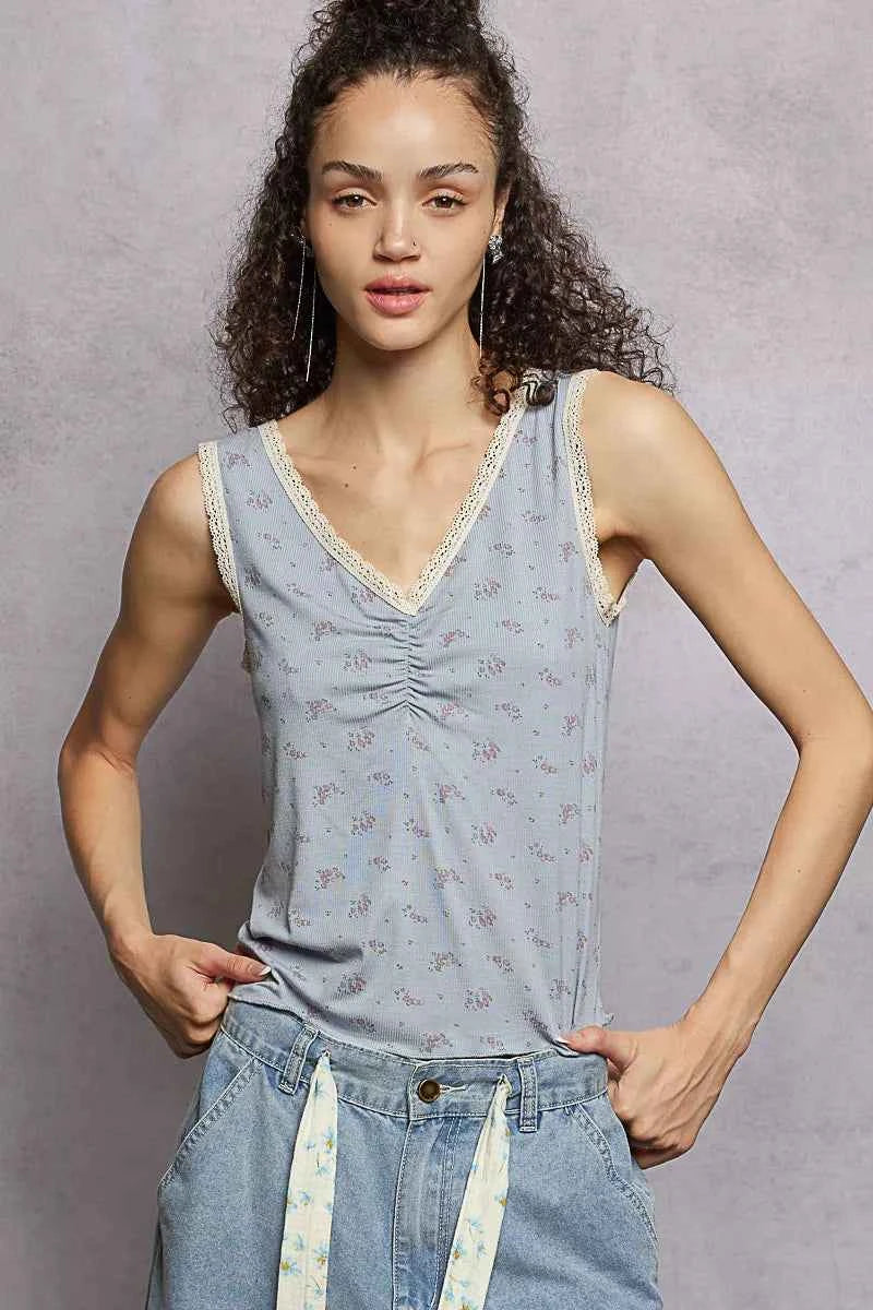POL Ruched Floral V-Neck Tank with Lace Detail POWDER BLUE 22995f46-c8e4-4b91-9ed6-33332bc5af2a-Max-Origin