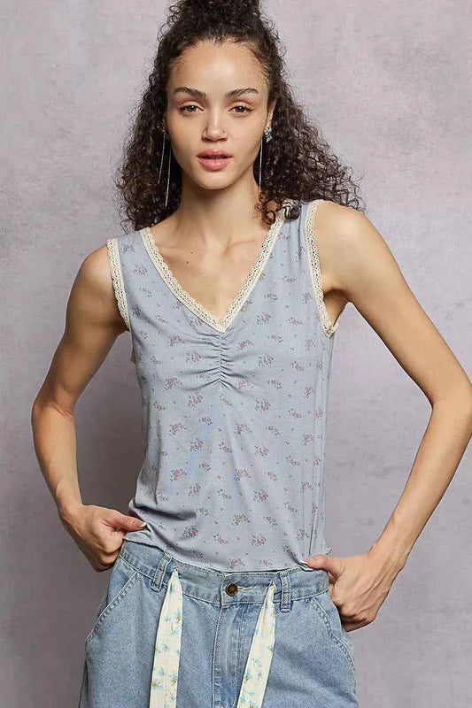 POL Ruched Floral V-Neck Tank with Lace Detail POWDER BLUE 22995f46-c8e4-4b91-9ed6-33332bc5af2a-Max-Origin