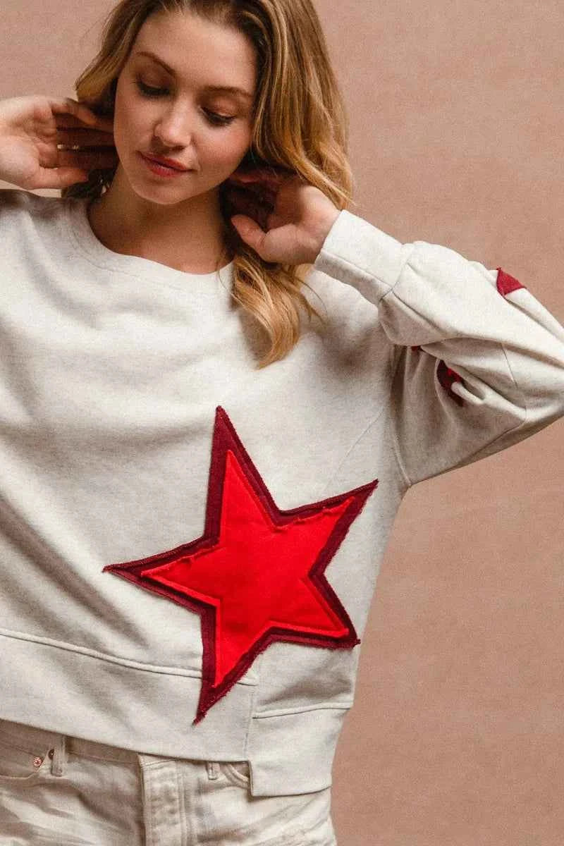 BiBi Star Patch And Spliced Hemline French Terry Long Sleeve Sweatshirt 229b18ea93124a748b6f56bdca6e4ae7-Max-Origin
