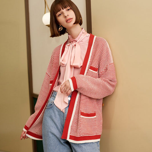 Red & Ivory Color-Block Wool-Blend Cardigan