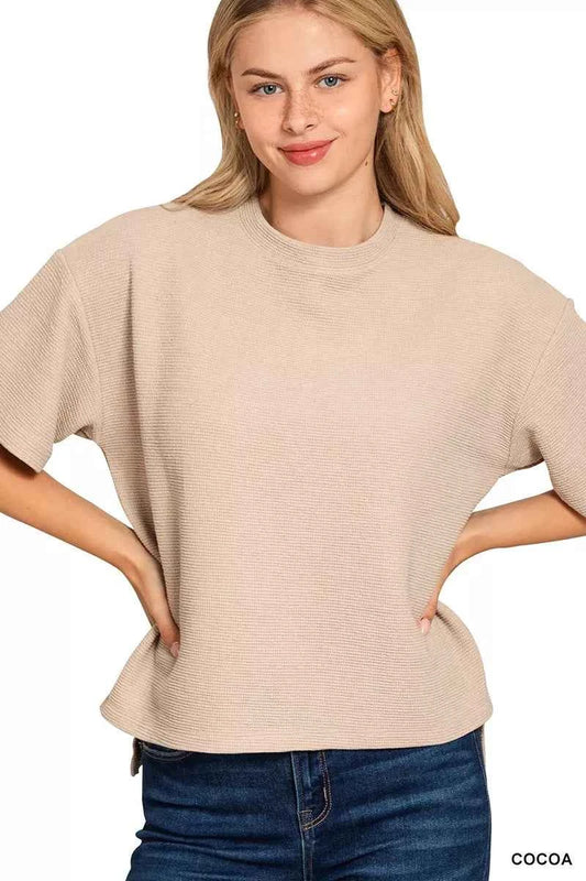 Zenana Full Size Double Knit Side Slits Hi Low Short Sleeve Top Plus Size COCOA 22a3d35759084174a50b2ed8ef5df87e-Max-Origin