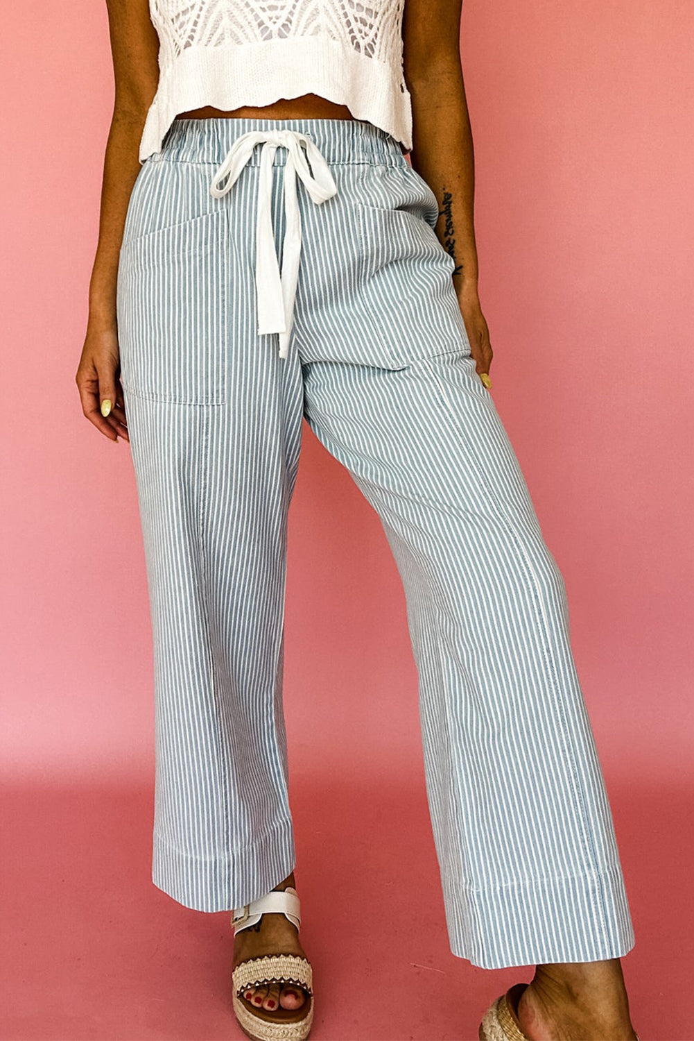 Sky Blue Striped Mid Rise Drawstring Waist Jeans 22a51c652d4023c3