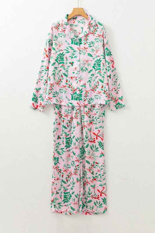 Christmas Berries Satin Shirt and Pants Pajama Set Pink 22b241f5-5d62-4f82-bc43-9fc9e1b4622d