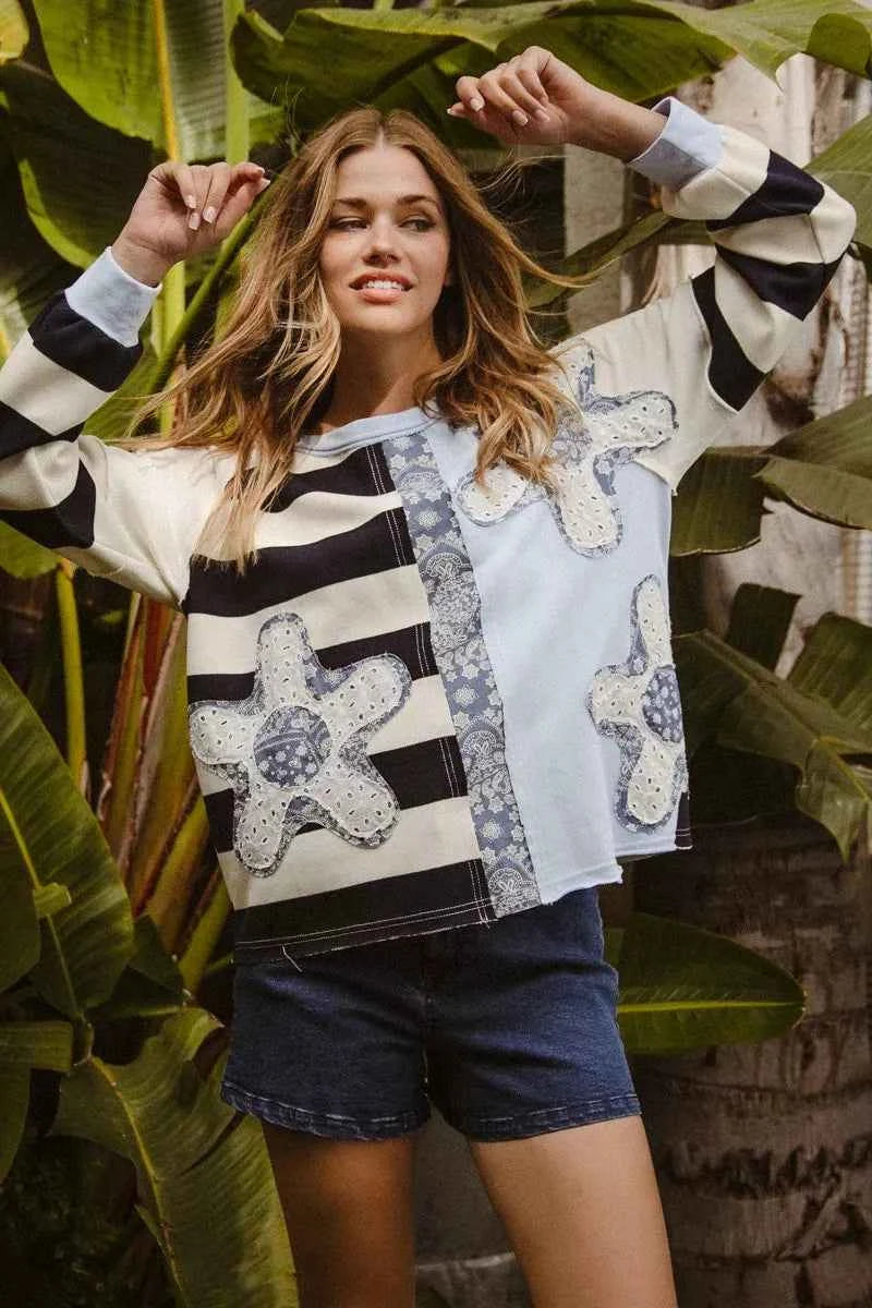 BiBi Patchwork Striped Round Neck Sweatshirt 22b64f910d494d4cb93d0a272ec5b6cb-Max-Origin