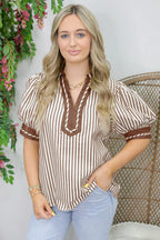 Khaki Stripe Collared Split Neck Short Bubble Sleeve Blouse 22be4c8dfe7a9da9