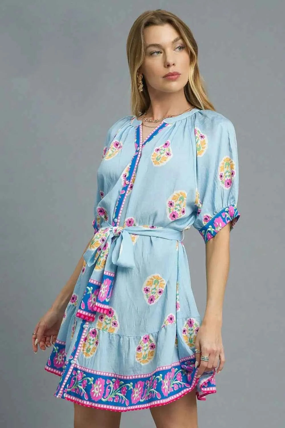 Umgee Floral Print Tie Waist Short Sleeve Dress 22bea919-f513-448c-ba3d-5a6979bf21f5-Max-Origin