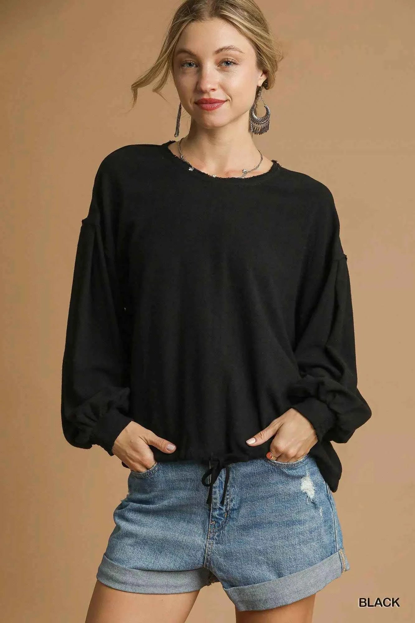 Umgee Full Size Linen Long Sleeve Top with Drawstring Plus Size Black 22c21cd9-04e5-4655-aa12-fabeb1c75062-Max-Origin