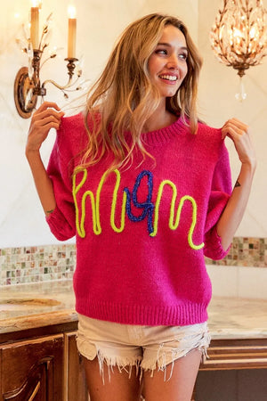 MOM Contrast Round Neck Sweater FUCHSIA 22c3f002-35b3-4f22-aae4-1856e421f88a-Max
