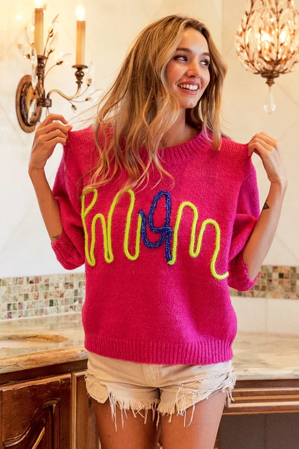 BiBi MOM Contrast Round Neck Sweater FUCHSIA 22c3f002-35b3-4f22-aae4-1856e421f88a-Max