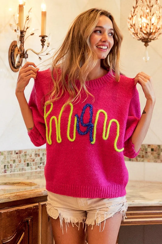 BiBi MOM Contrast Round Neck Sweater FUCHSIA 22c3f002-35b3-4f22-aae4-1856e421f88a-Max