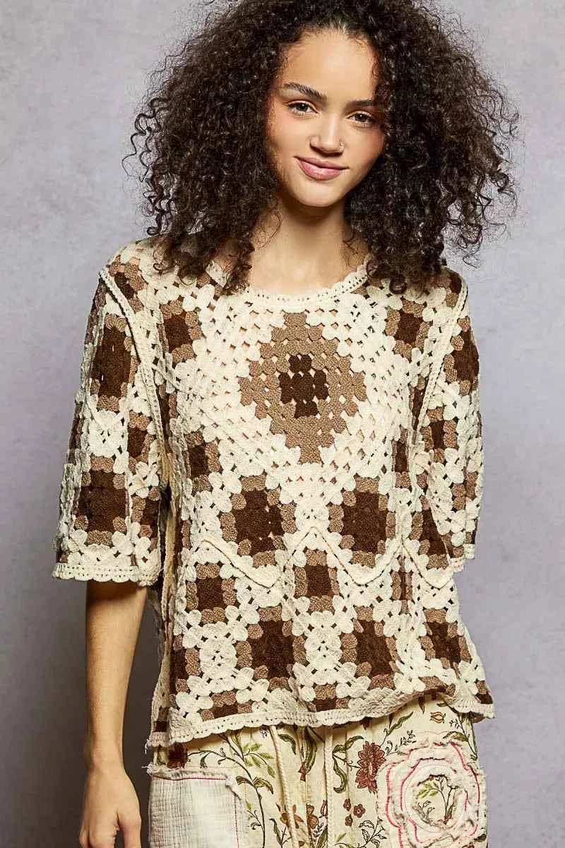 Round Neck Short Sleeve Color Pattern Crochet Top with Border Accents CHOCO MULTI 22c4ef55-8a05-4377-b96e-3fb9dc2d67f8-Max-Origin