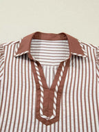 Stripe Collared Split Neck Short Bubble Sleeve Blouse